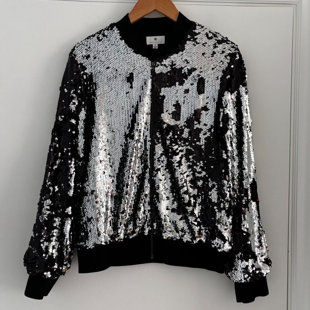 Women's Socialite‎ Sequin Bomber Jacket, Size Small Black Silver Glitter Excel - Picture 2 of 8
